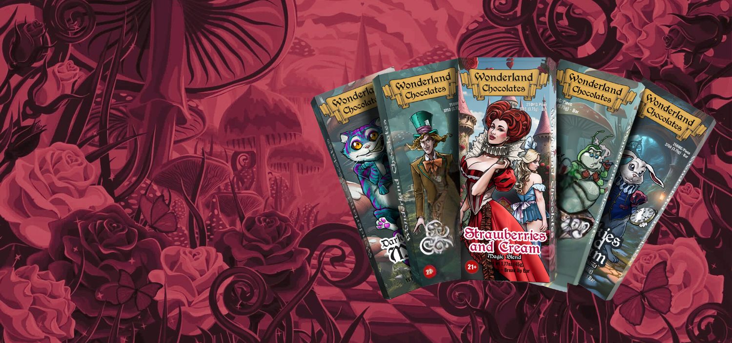 Five Wonderland Chocolate candy packages on a red background with decorative elements.