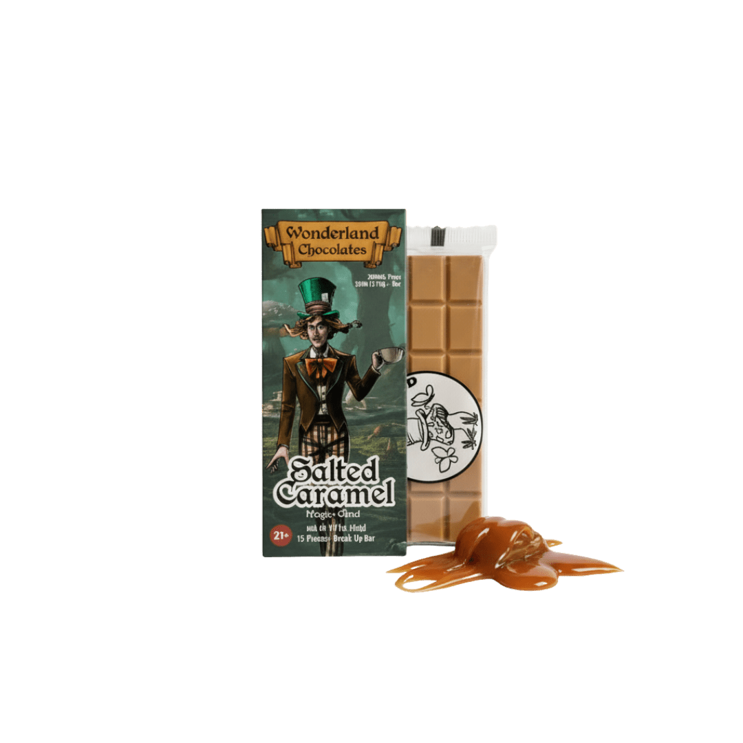 Wonderland mushroom chocolate bar in salter caramel flavor – magic mushroom blend
