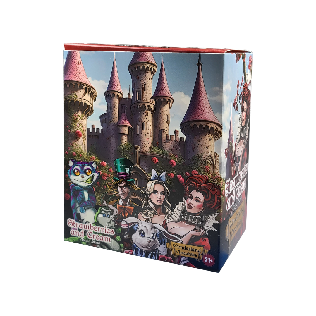 Wonderland mushroom chocolates box pack strawberries and cream