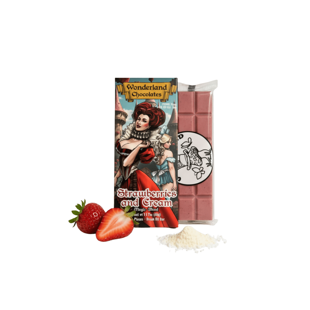 Wonderland mushroom chocolate bar in strawberries and cream – magic mushroom blend
